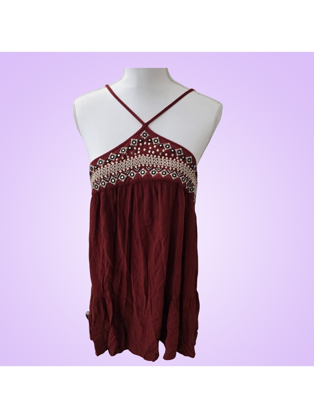 American Eagle Womens Large Burgundy Boho Embroidered Babydoll Mini Dress